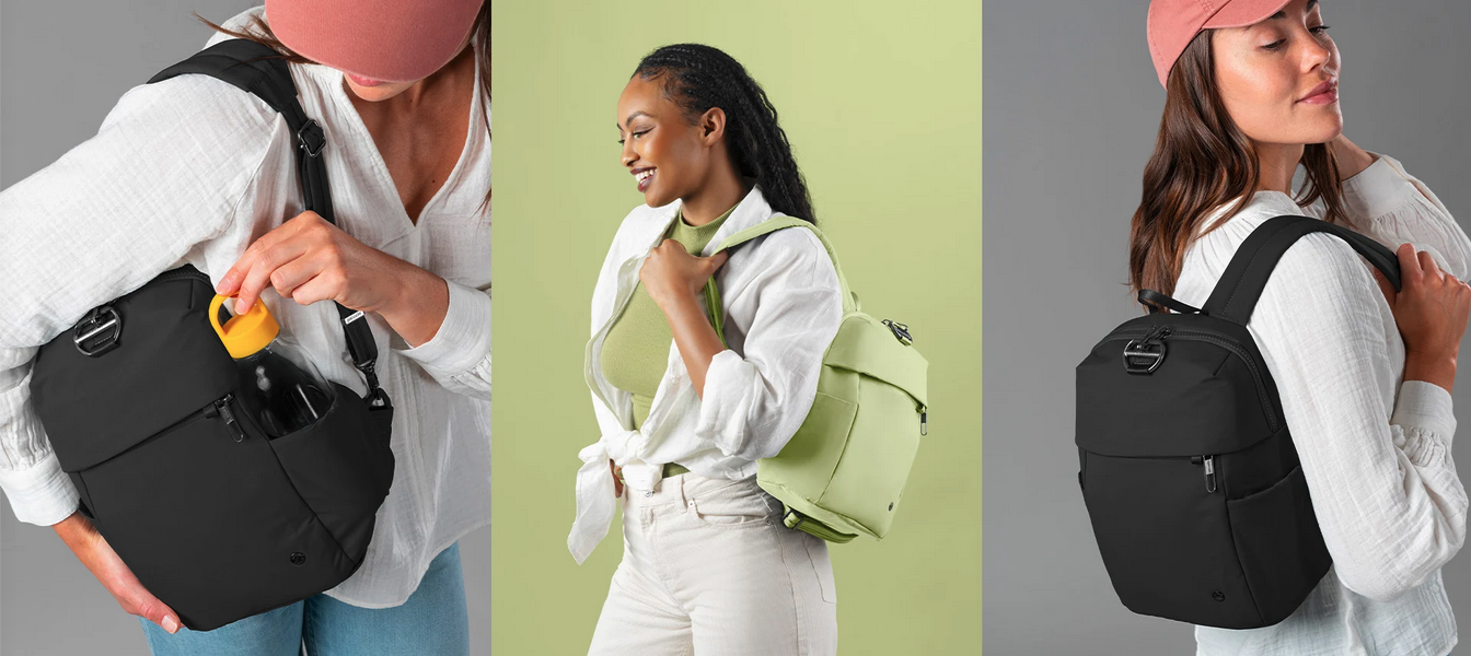 a woman with a green backpack