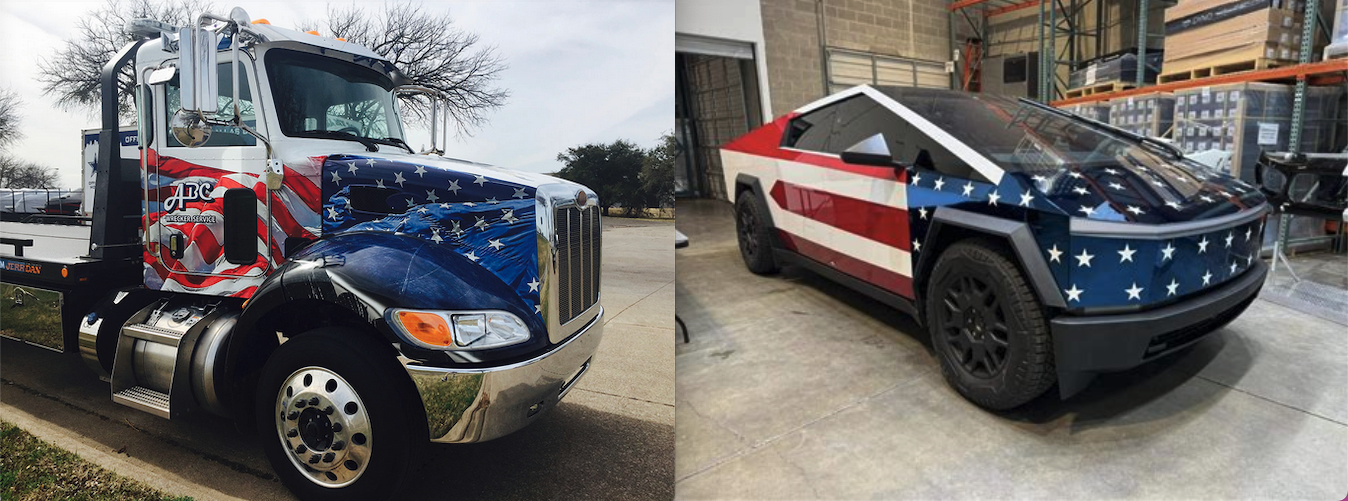a two cars with a flag painted on