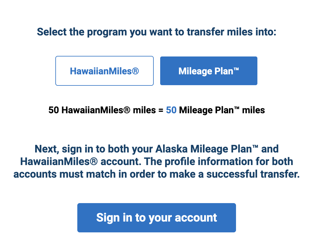 Transfer option selection page