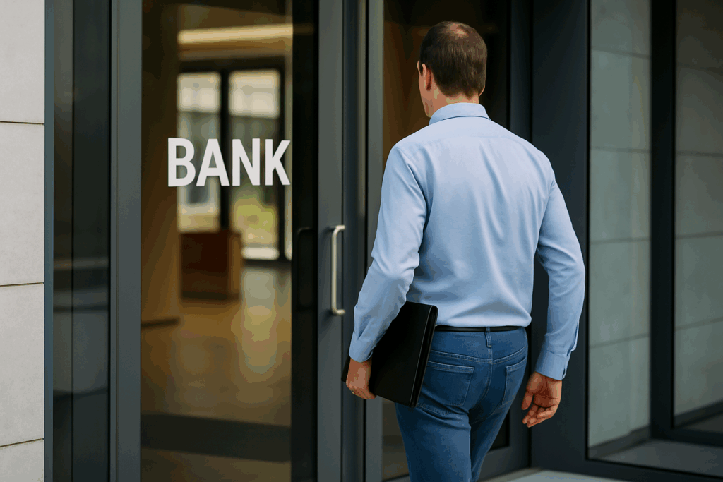 a man walking into a bank