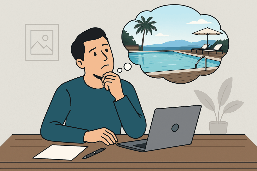 a man sitting at a desk with a laptop and a pool in the background