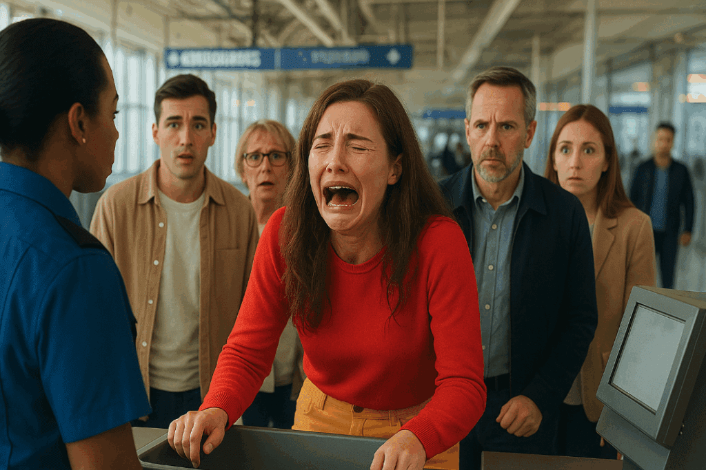 a group of people standing around a woman crying