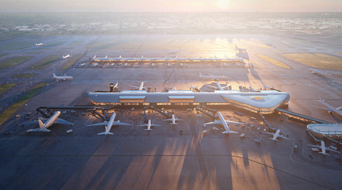an aerial view of an airport with many airplanes