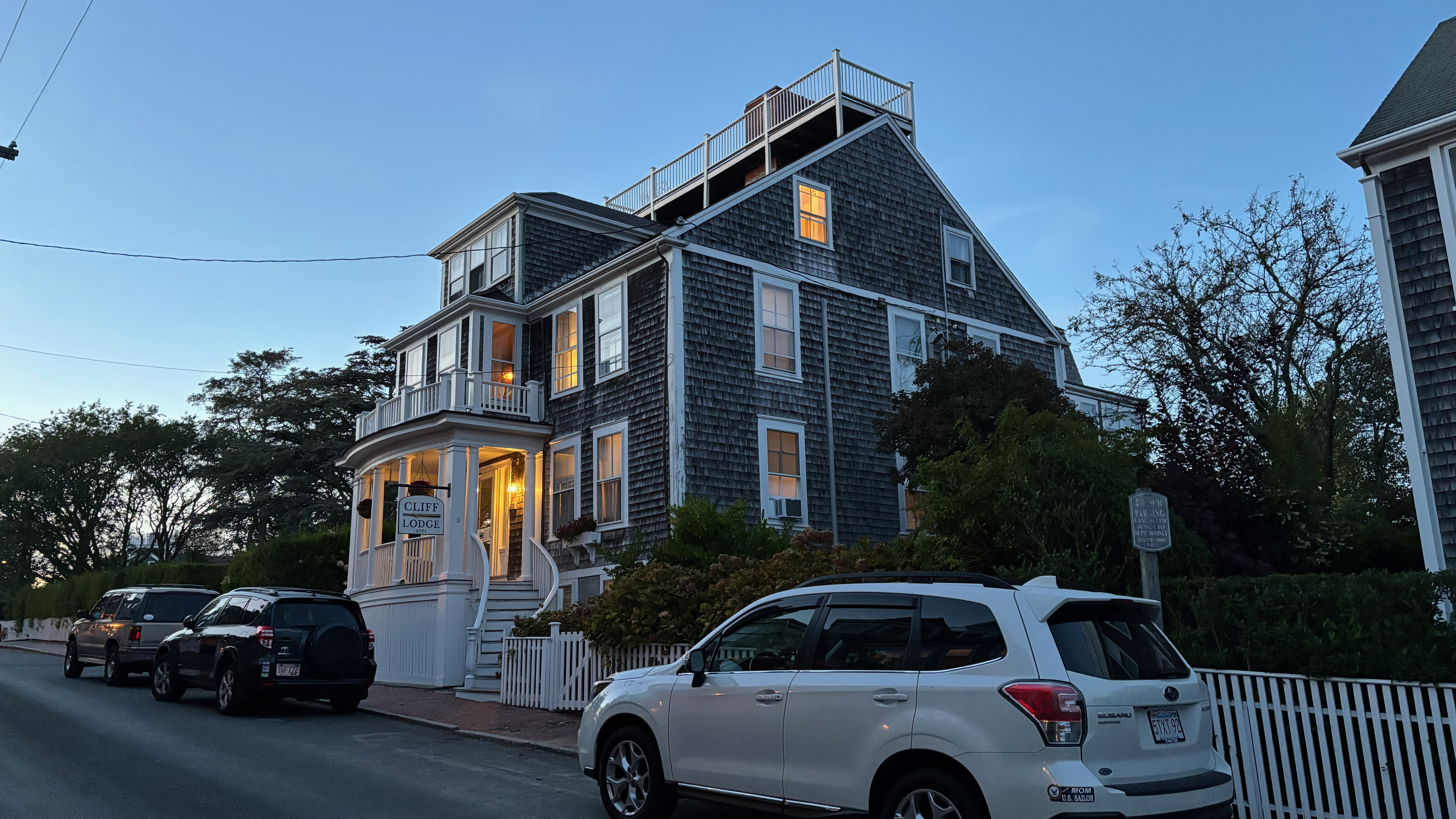 Exterior of Cliff Lodge in Nantucket at dusk