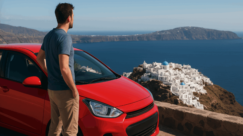 a man standing next to a red car