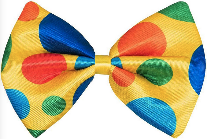 a yellow bow tie with multicolored polka dots