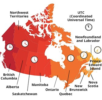 a map of canada with clocks