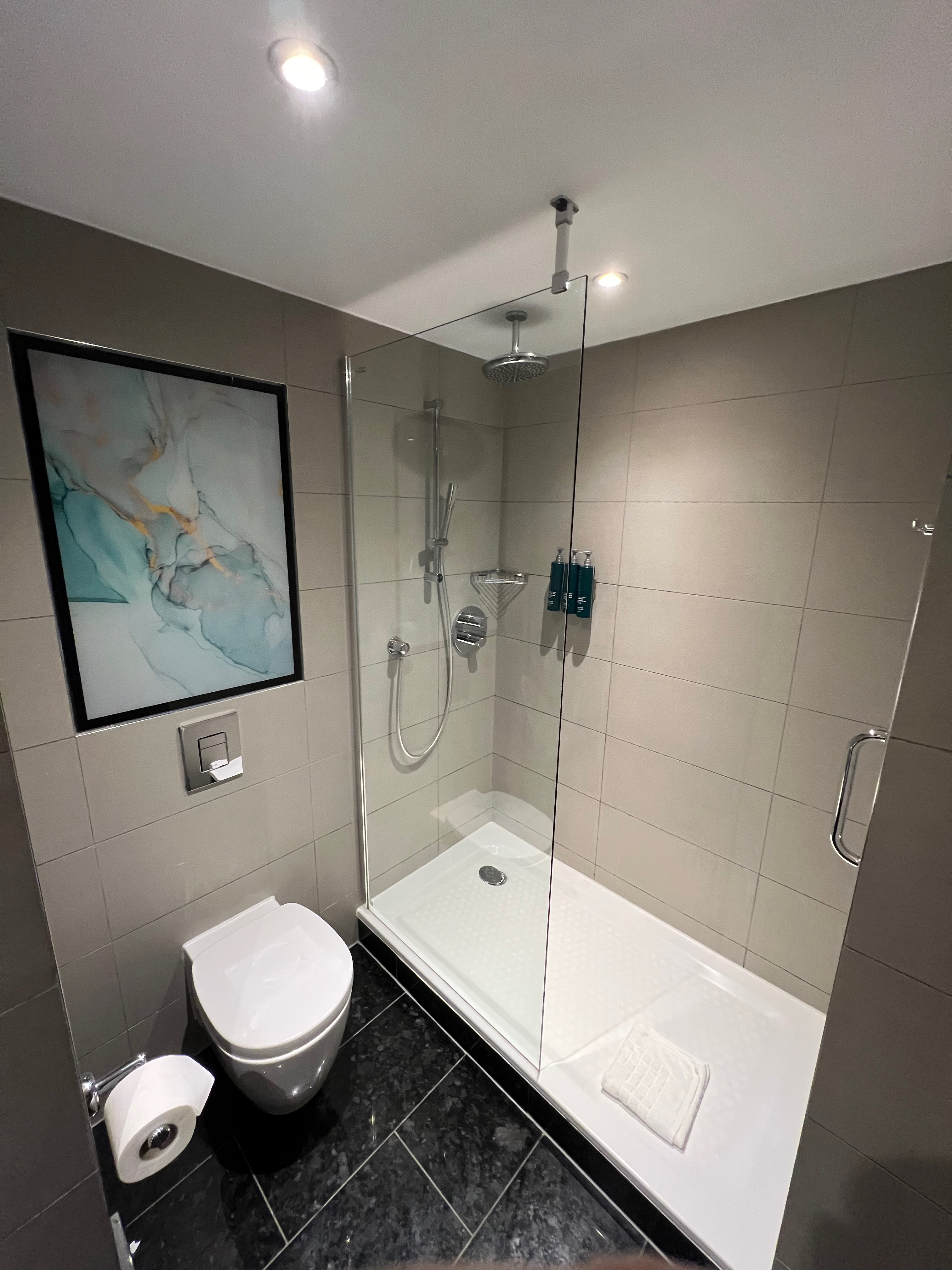 a bathroom with a glass shower and toilet