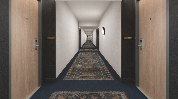 a long hallway with a carpet and doors