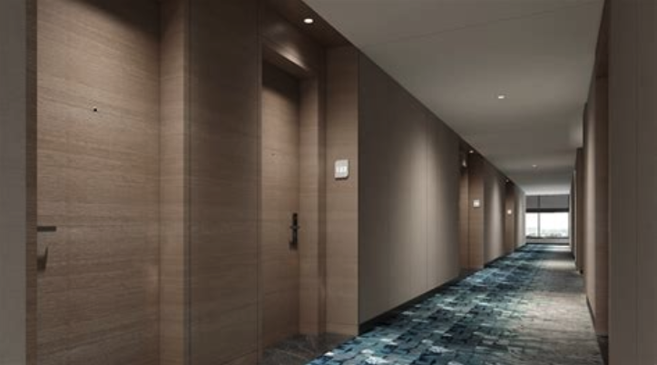a long hallway with doors and a blue carpet
