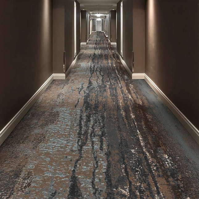 a long hallway with a carpeted floor