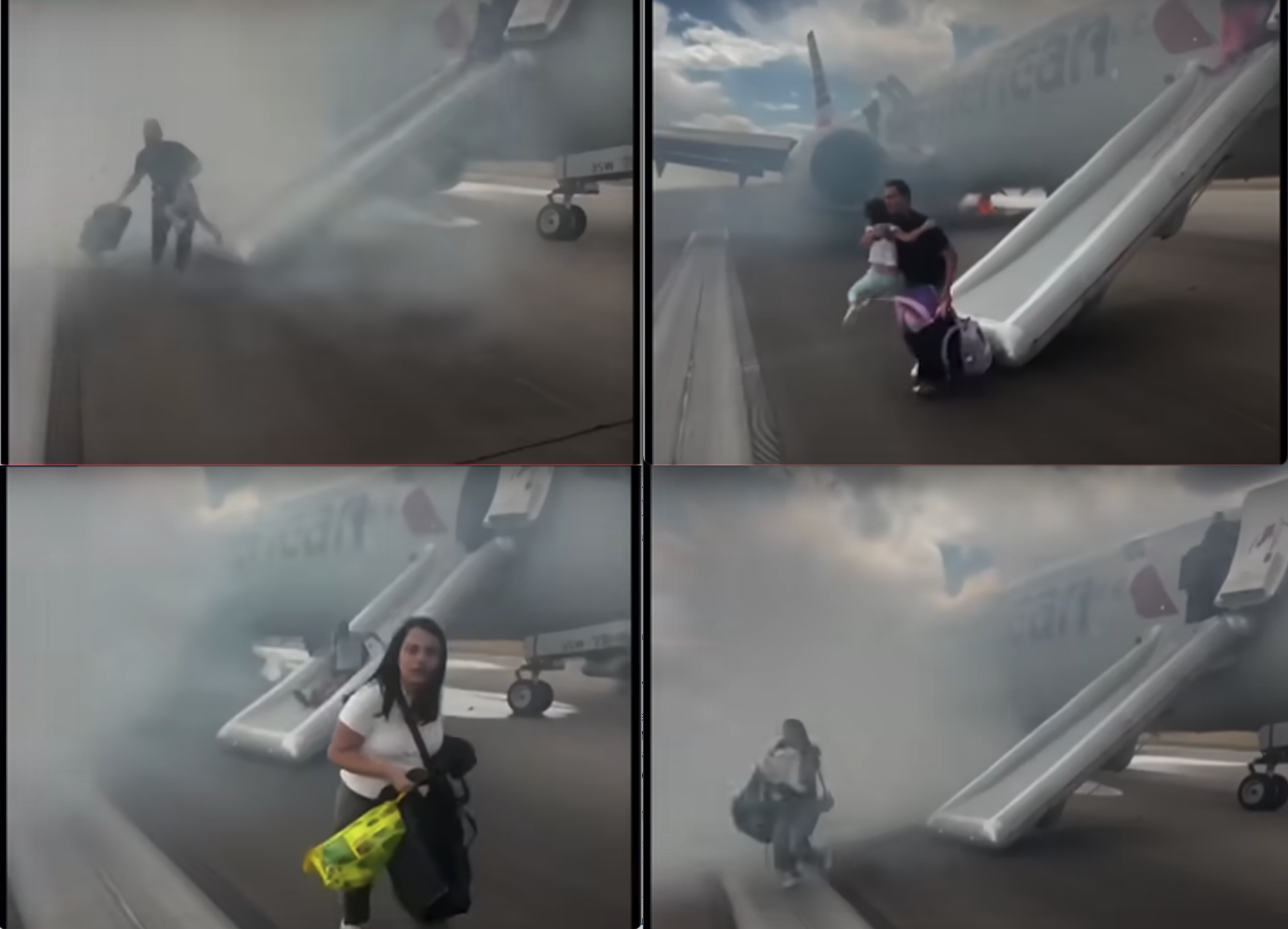 a collage of a man and a child walking on an airplane