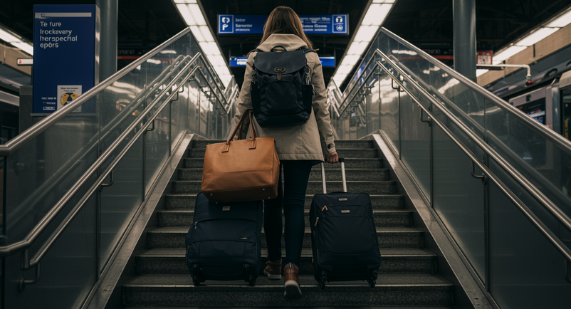 a woman with luggage walking up stairs