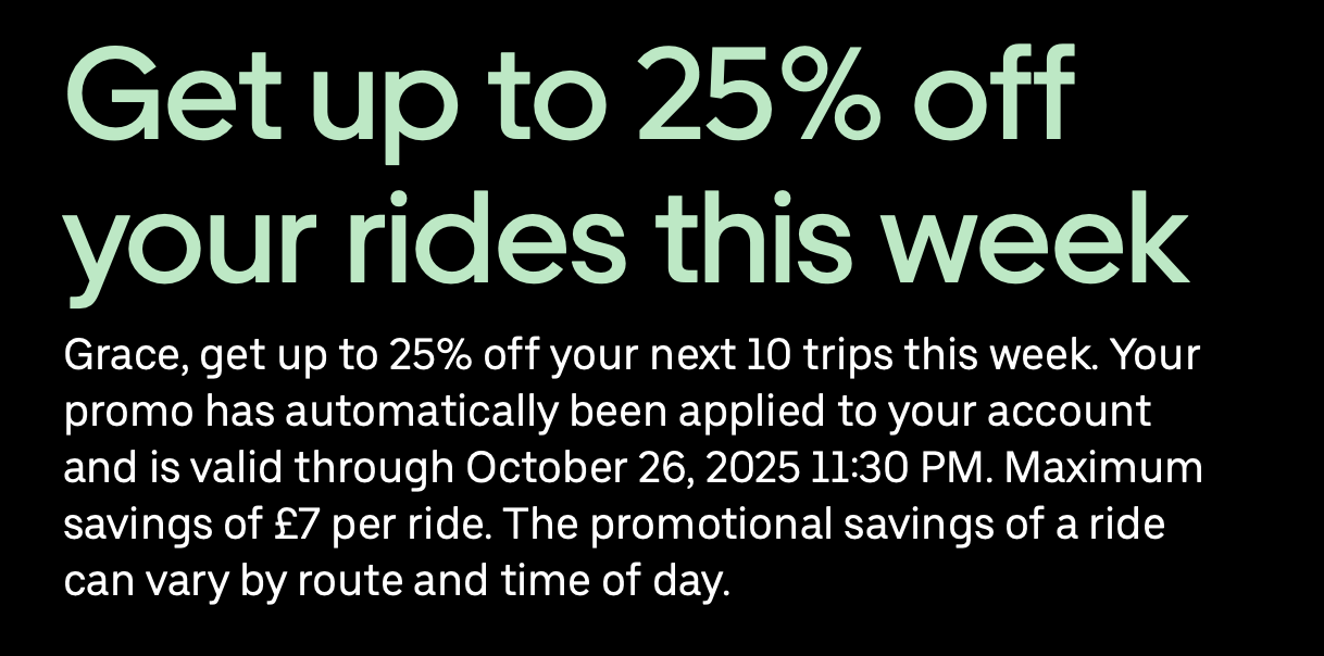 Uber promo screen showing 25% off rides addressed to someone named Grace