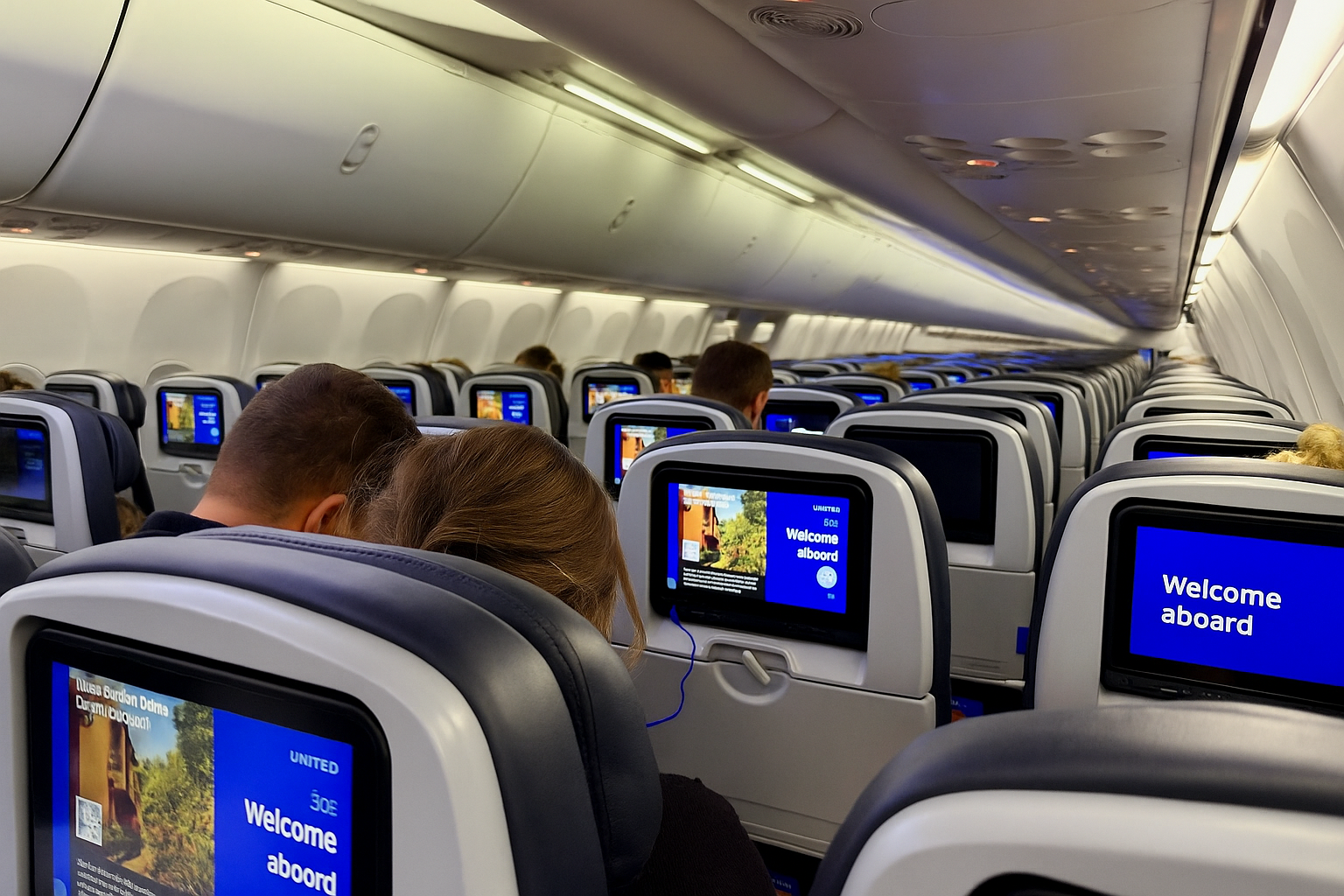 a group of people sitting in an airplane