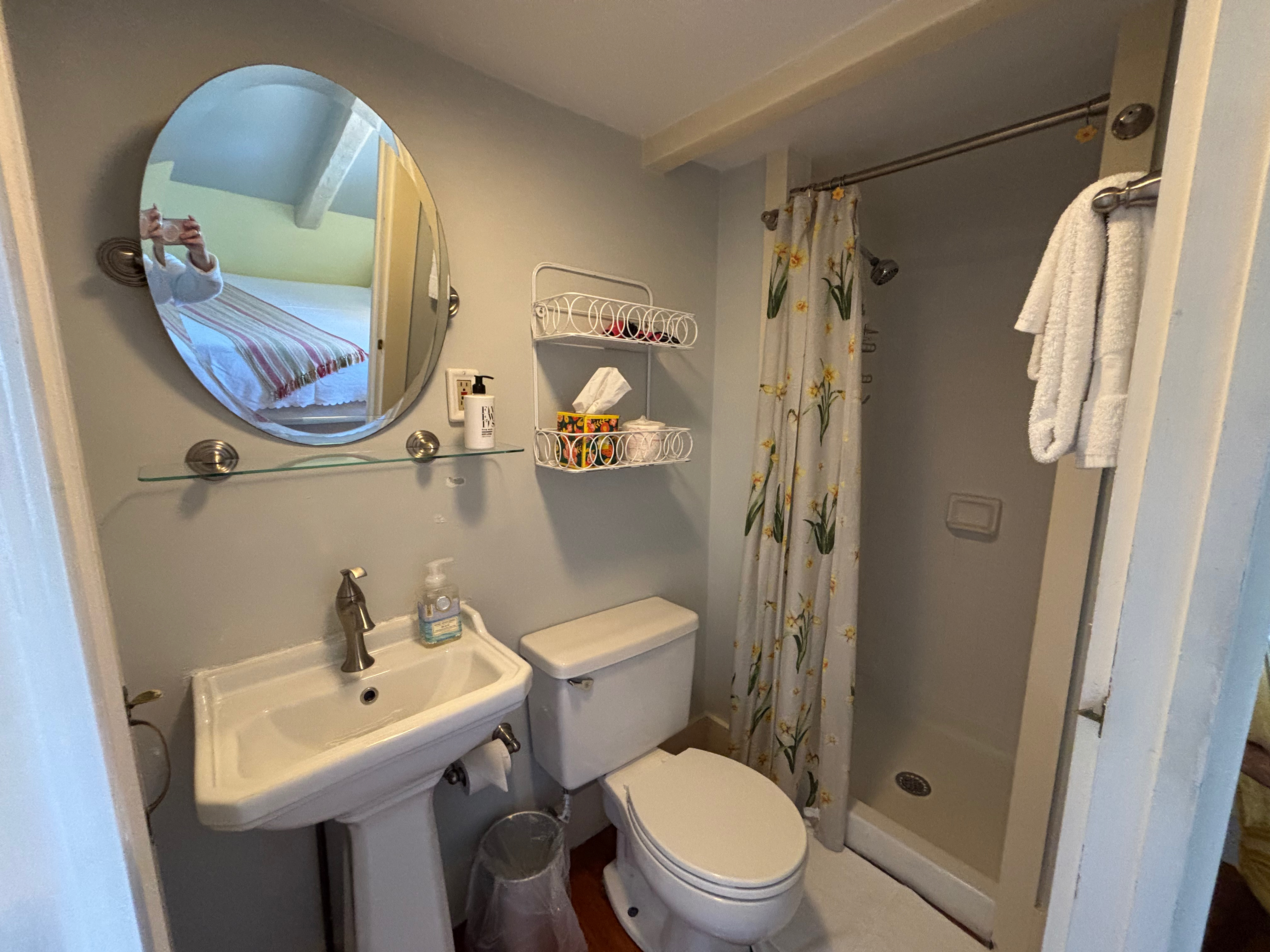 a bathroom with a mirror and sink