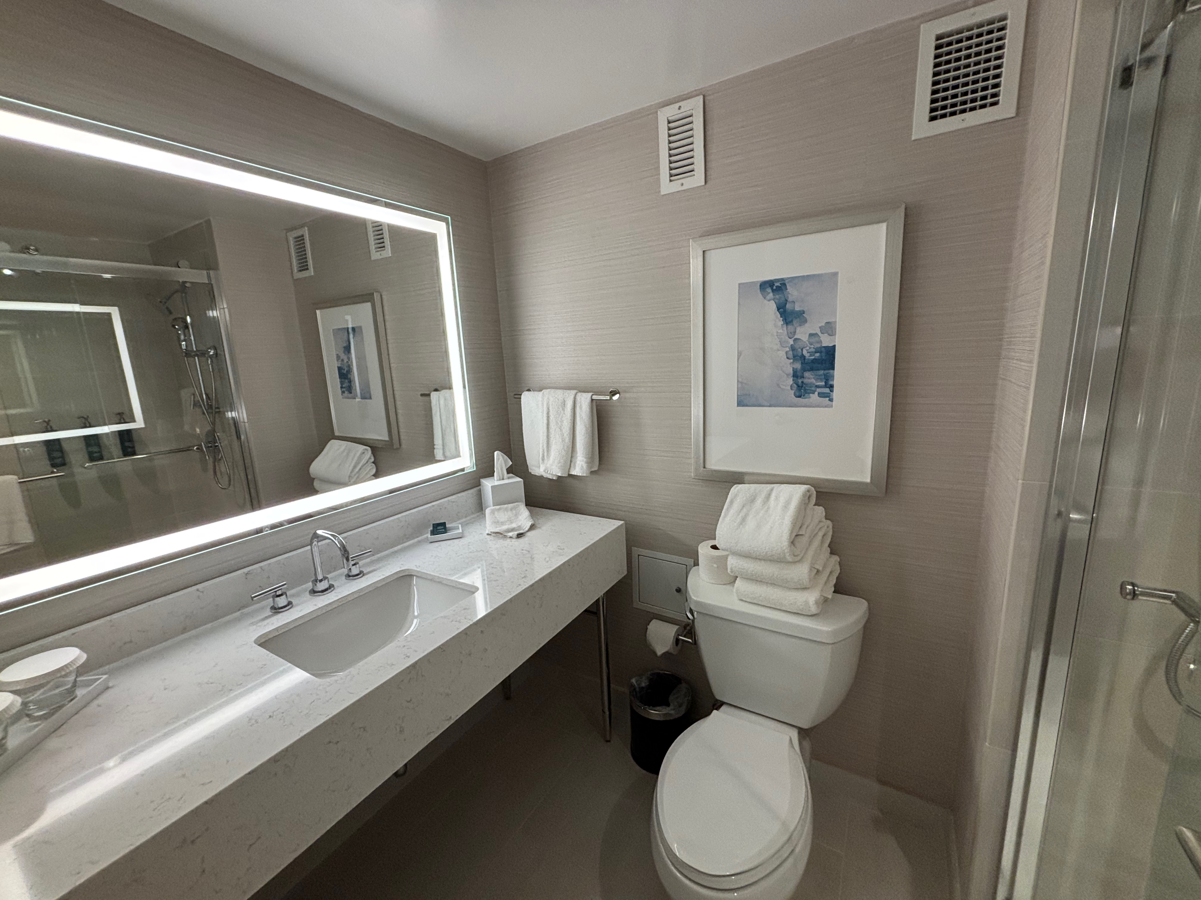 a bathroom with a mirror and a toilet