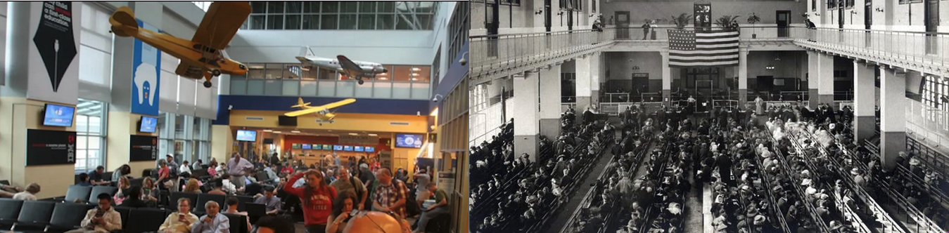 a collage of a plane flying over a crowd of people
