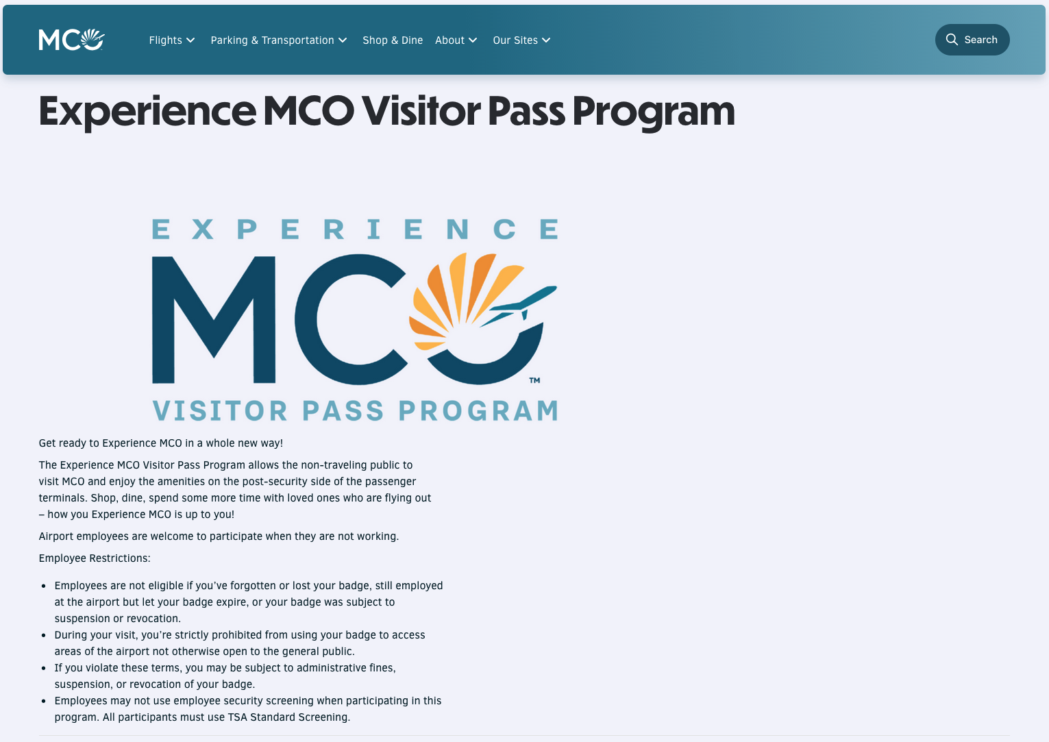 Screenshot of Experience MCO Visitor Pass Program details on flymco.com