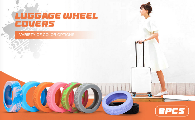 Woman standing with a rolling suitcase (luggage wheel covers shown)