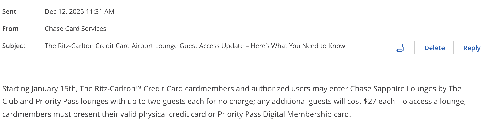 Chase secure message about Ritz-Carlton Credit Card lounge guest access update