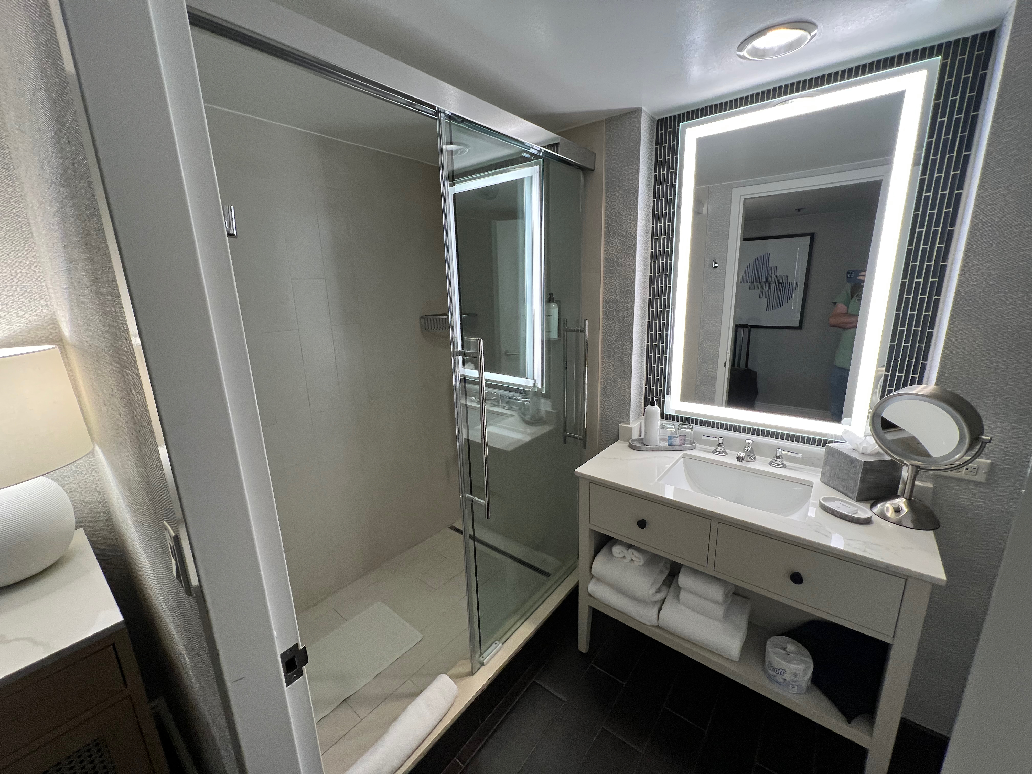 Bathroom vanity and glass walk-in shower at the Grand Hyatt Tampa Bay