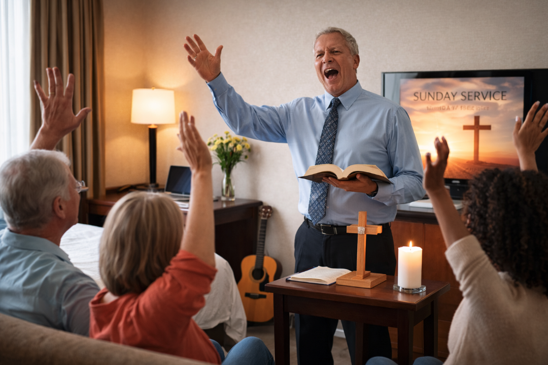 a man holding a book and raising his hands