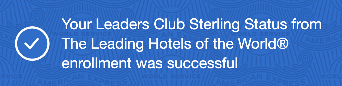 American Express banner stating Leaders Club Sterling enrollment was successful.