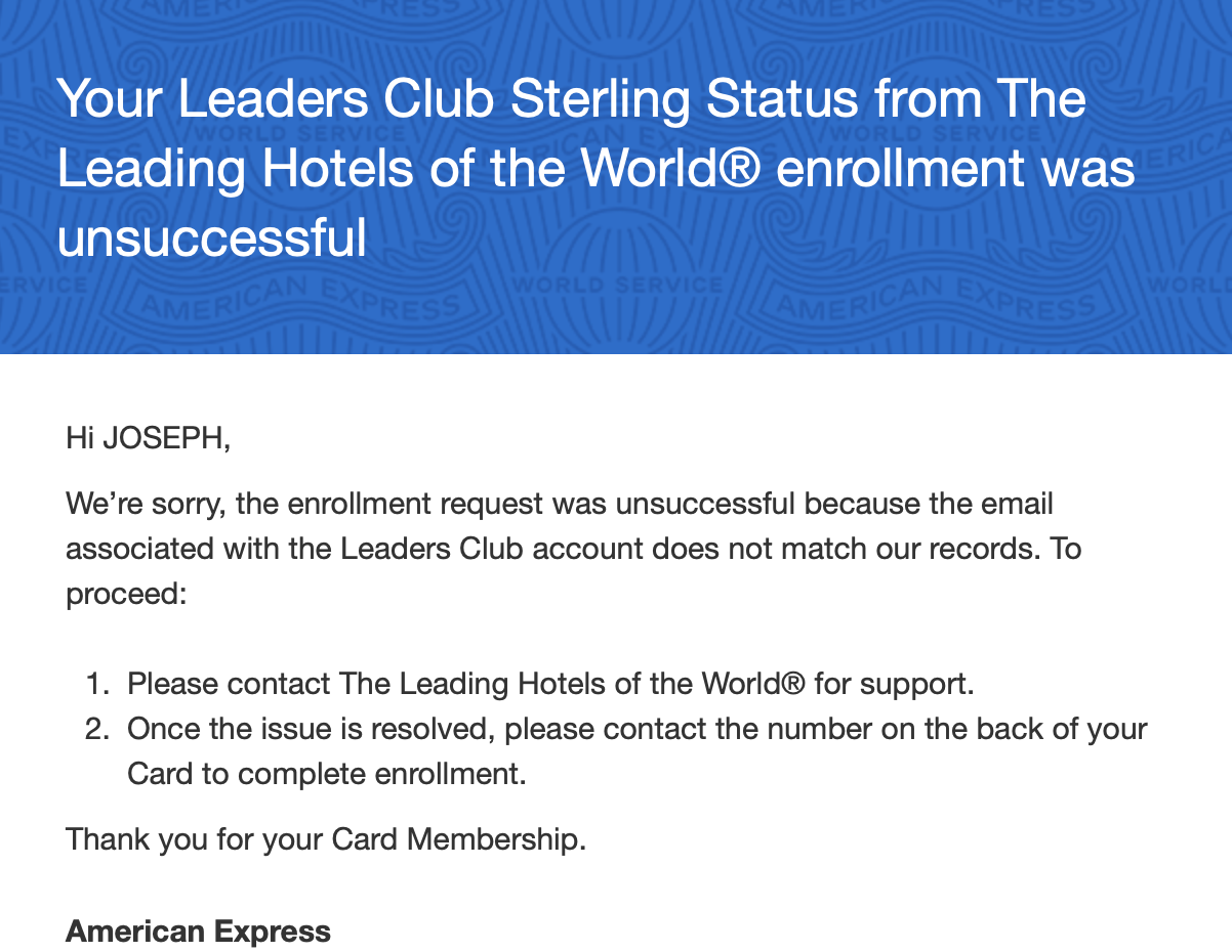 American Express message stating the Leaders Club Sterling enrollment was unsuccessful because the email on the Leaders Club account does not match records.