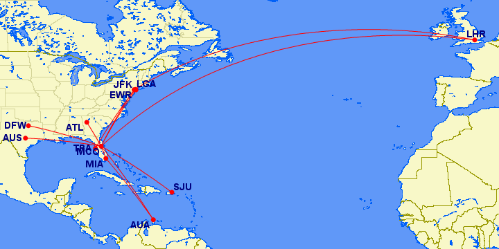 a flight map showing Joe's 2025 routes, including trips across the U.S., the Caribbean, and to London