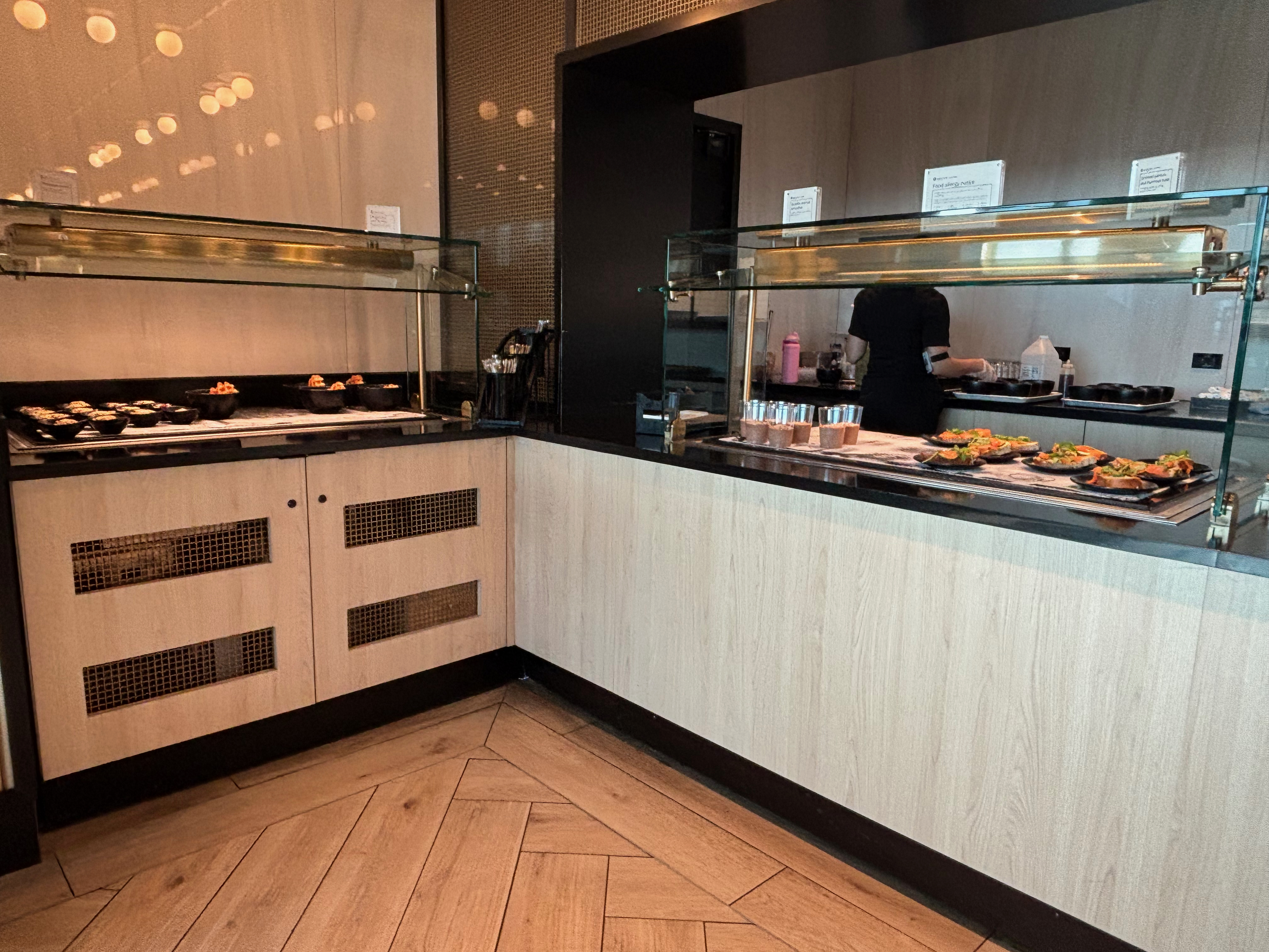 a buffet with food on the counter