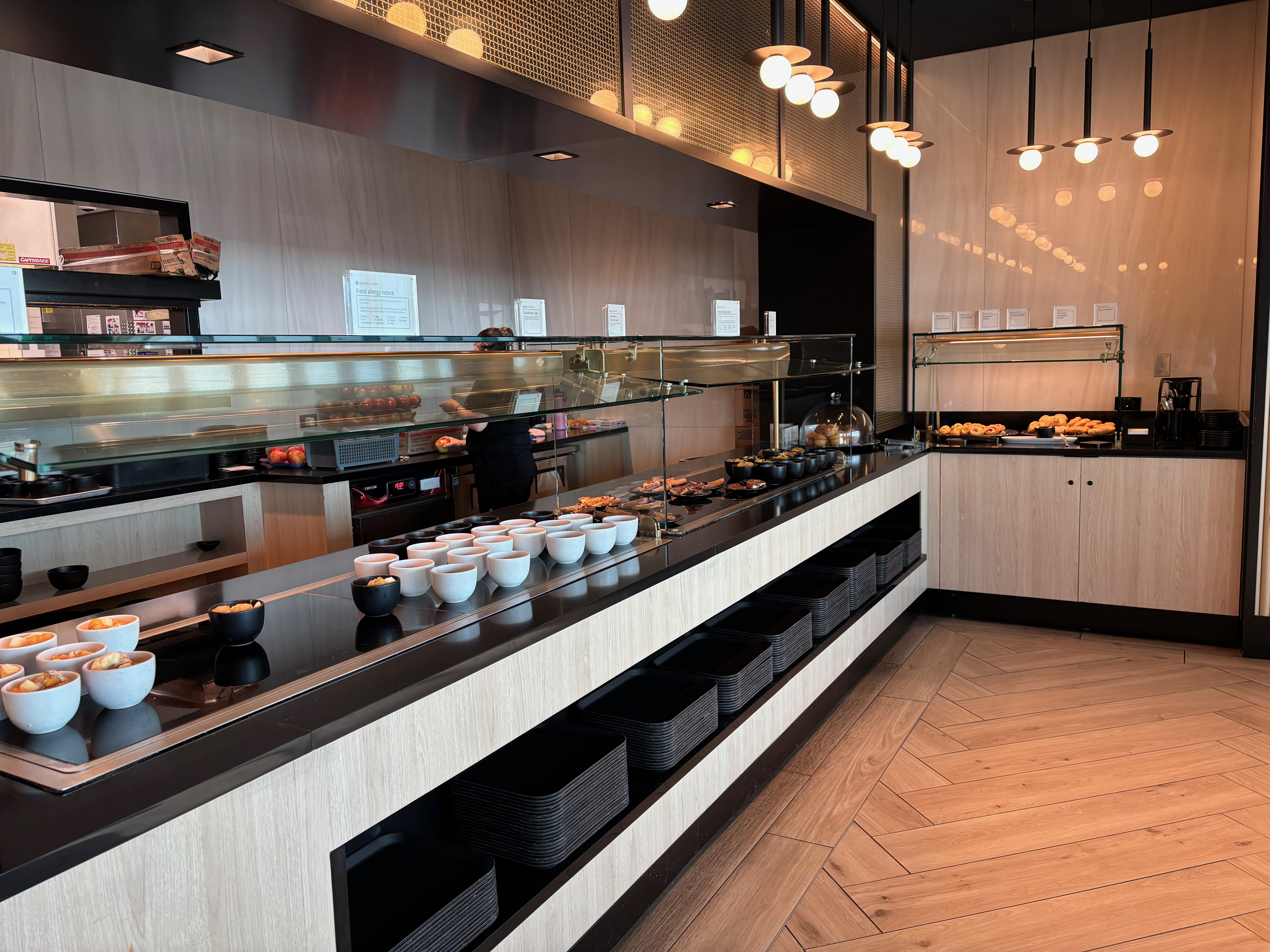 a buffet with food on the counter