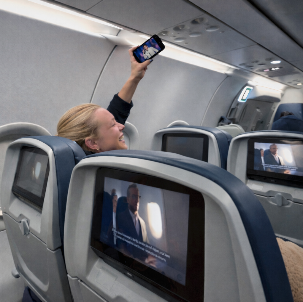 a woman sitting in an airplane with a phone in her hand