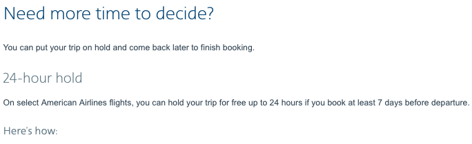 American Airlines webpage showing the 24-hour hold option text