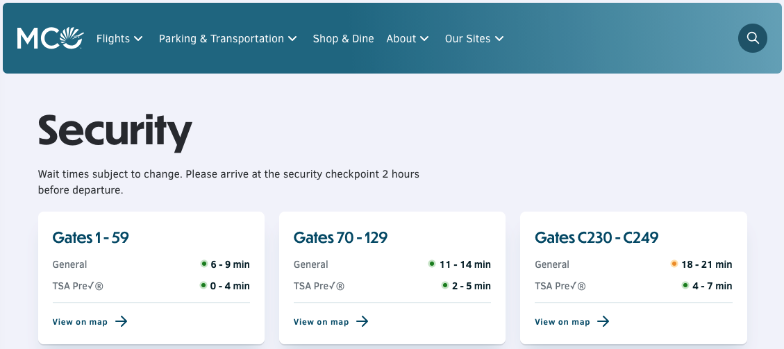 MCO security wait time recommendation screenshot