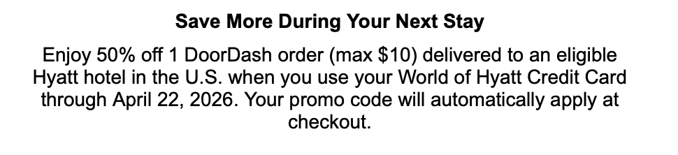 DoorDash discount terms for delivery to participating Hyatt hotels