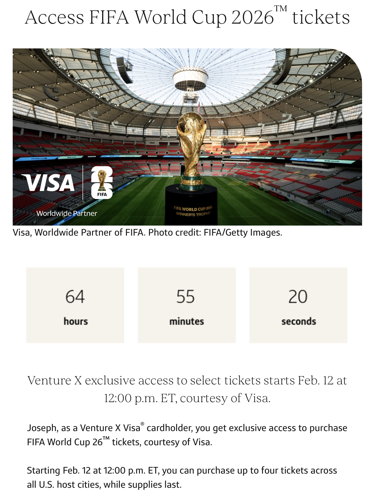 Capital One promotion offering early access to FIFA World Cup 2026 tickets