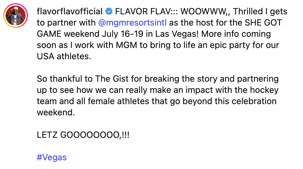 Instagram screenshot showing MGM hosting the SHE GOT GAME weekend in Las Vegas July 16-19