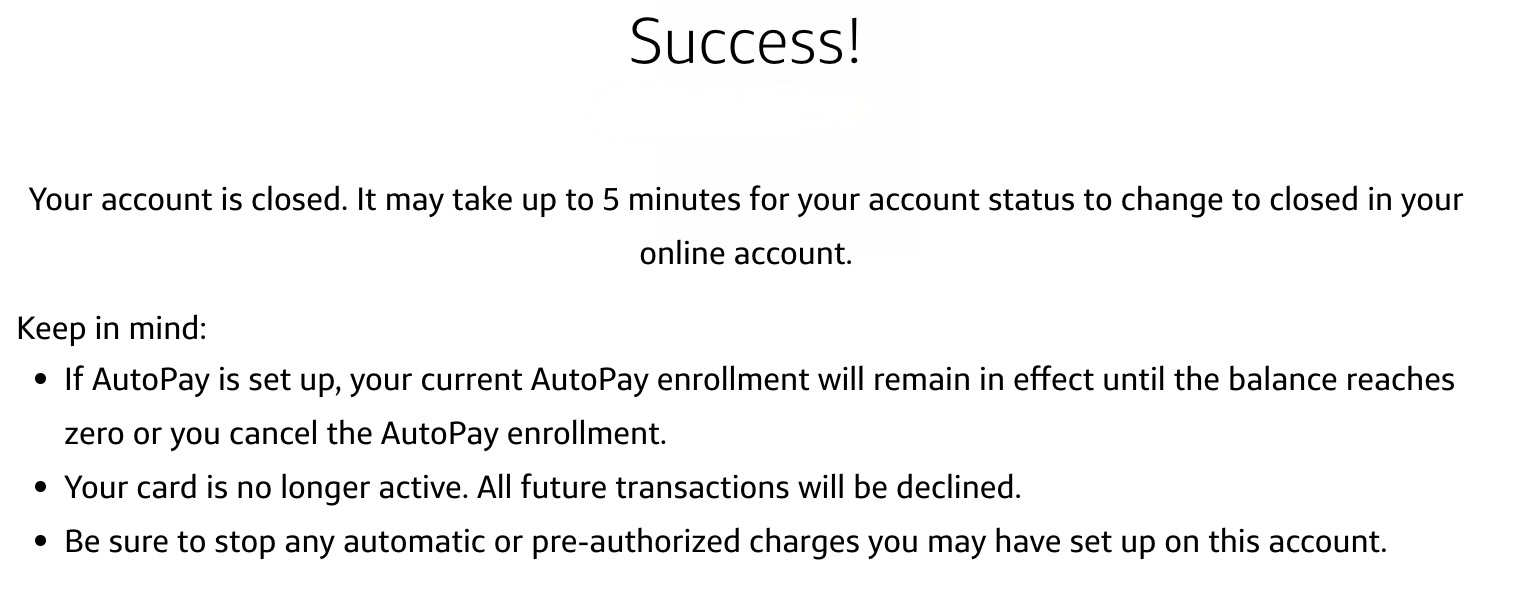 Capital One confirmation screen after closing the Venture X account