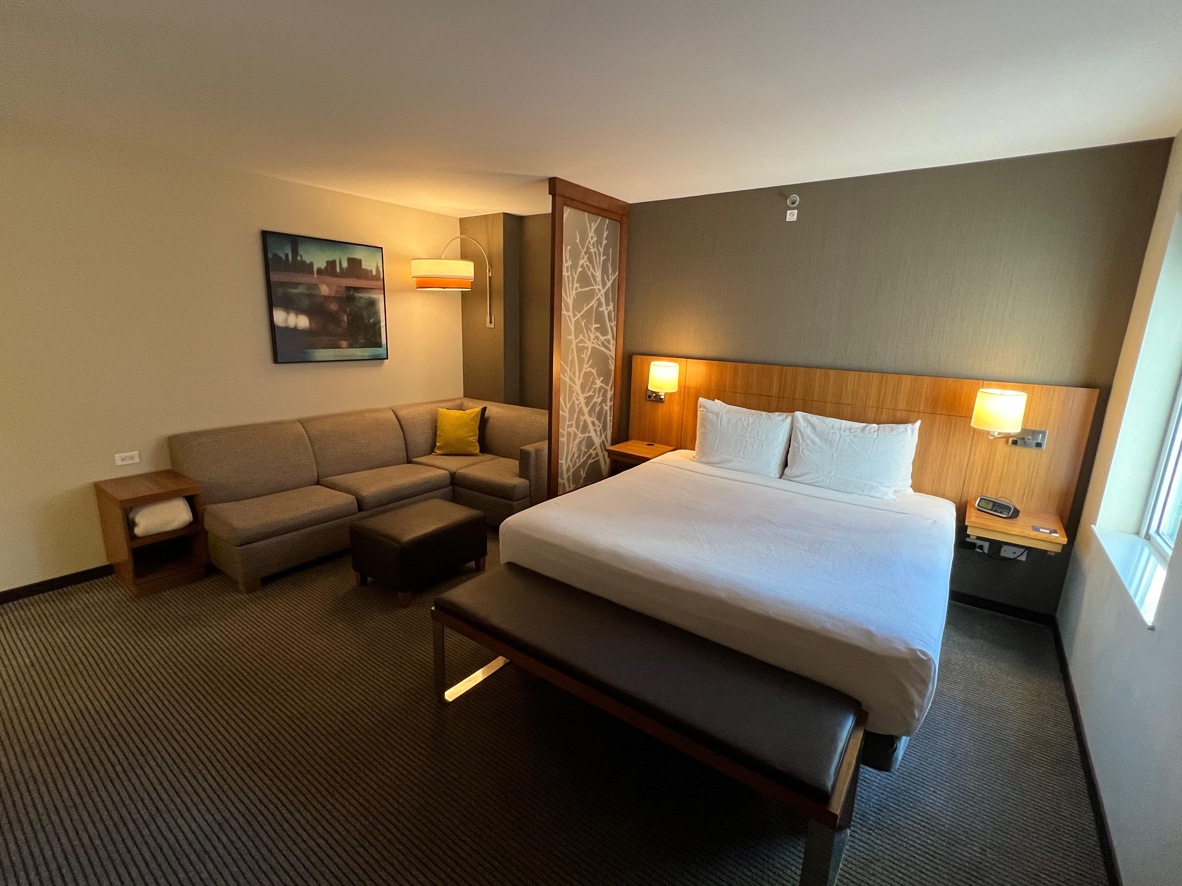 a room with a bed and couches