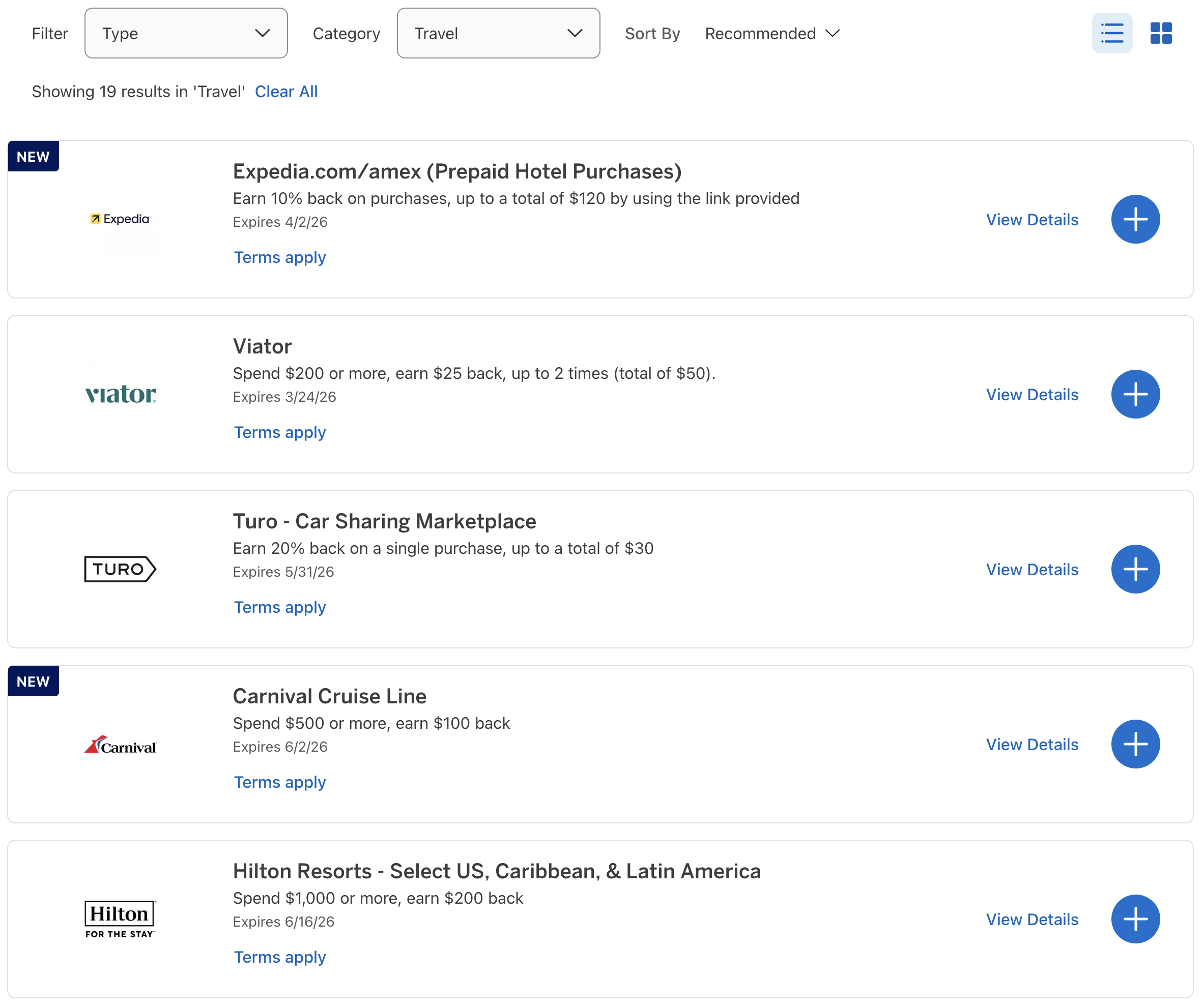 A screenshot showing the AMEX Offers page filtered to the Travel category with no SIXT results