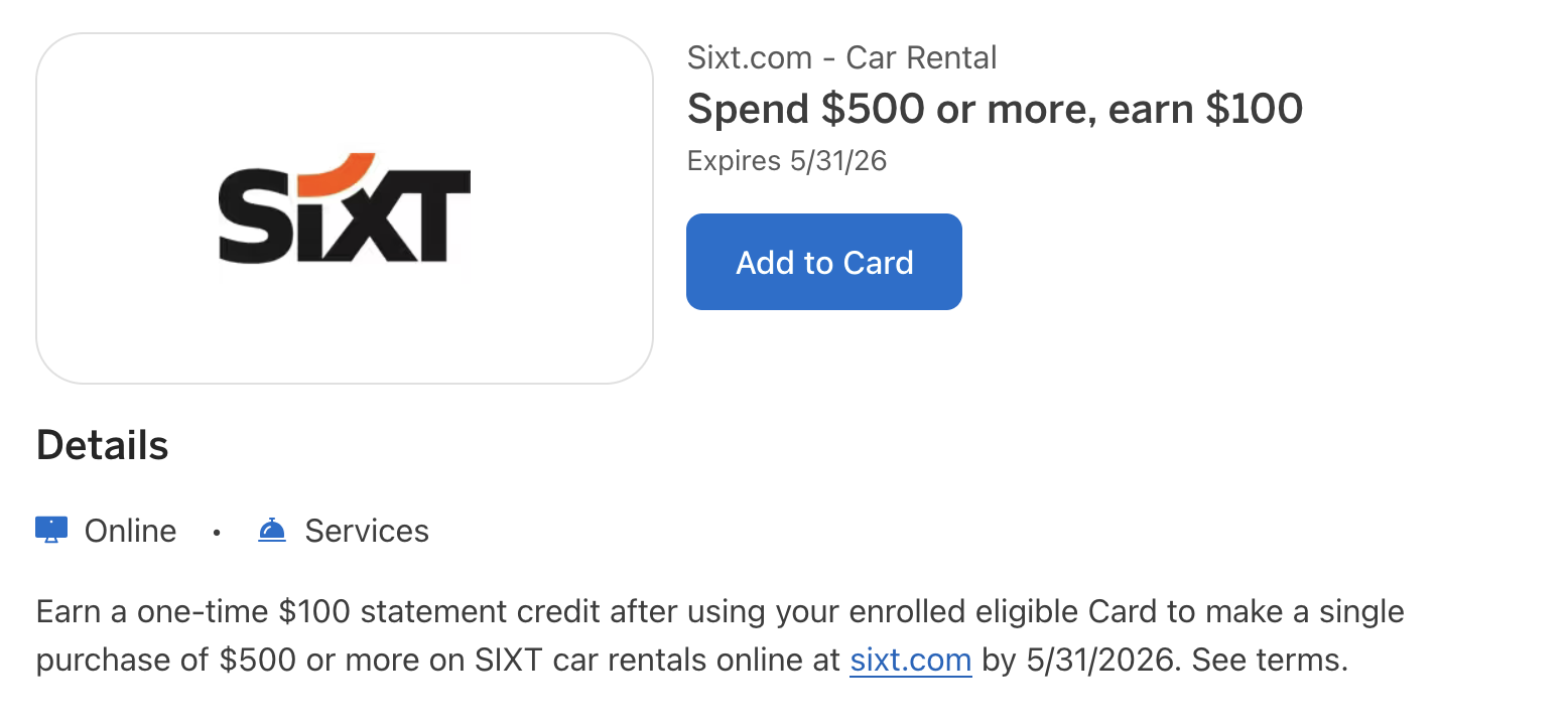 A screenshot showing the SIXT AMEX Offer listed on the offers page