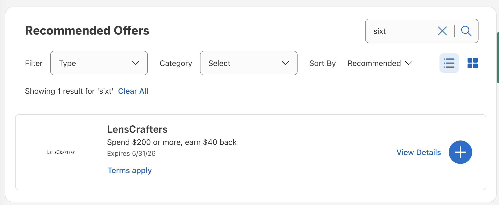 A screenshot showing the AMEX Offers search results not returning SIXT