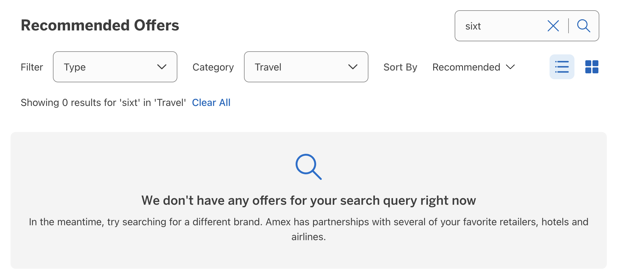A screenshot of the AMEX Offers search box