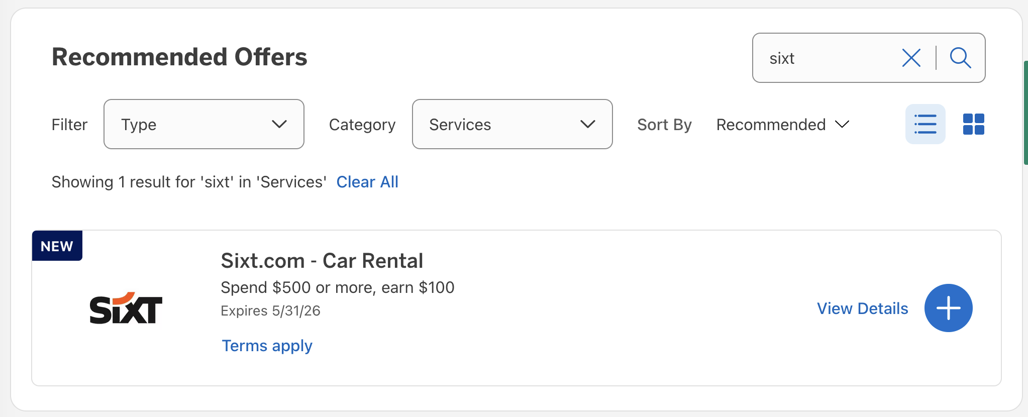 A screenshot showing the SIXT offer appearing when filtered under Services