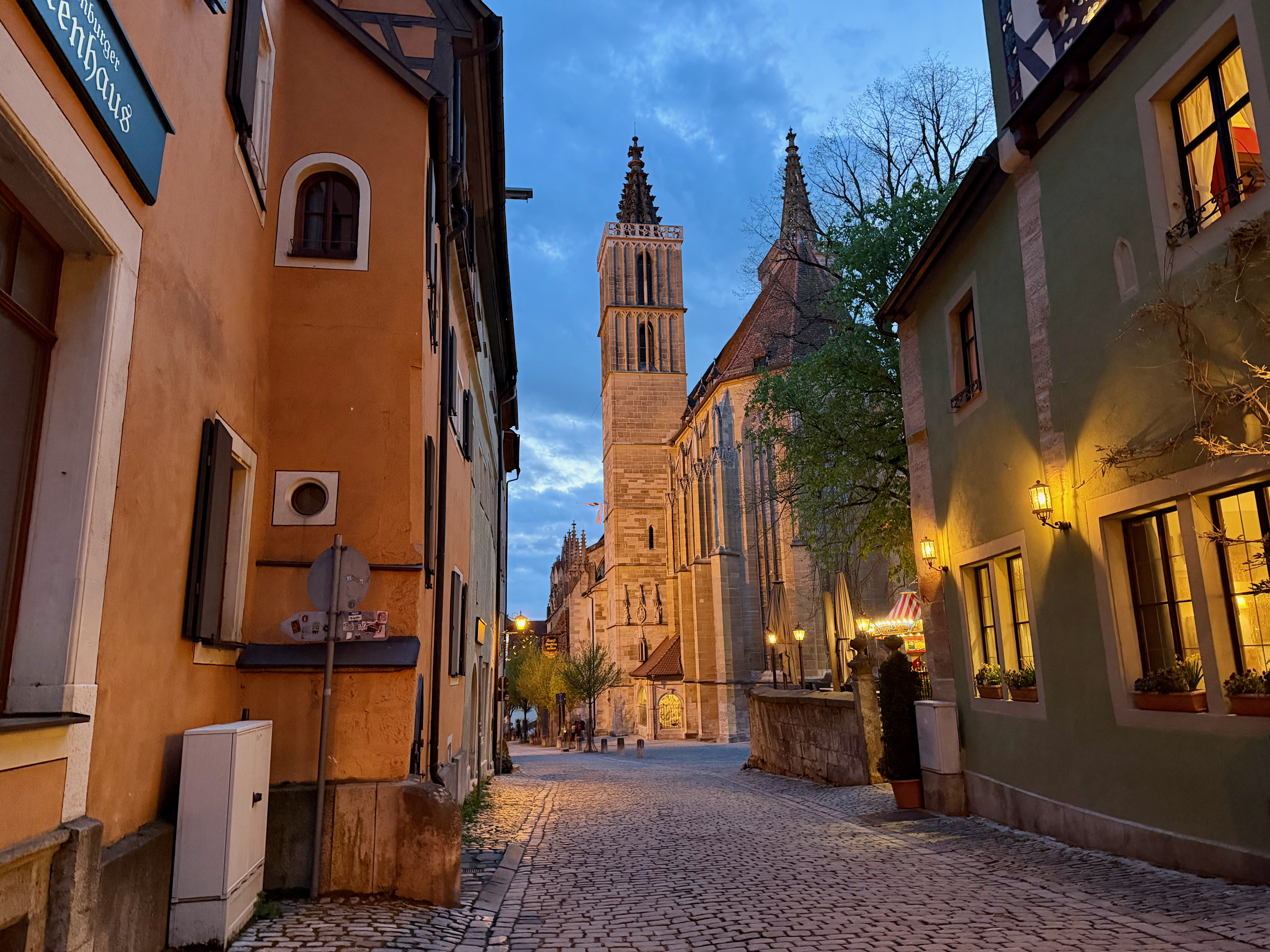 Quiet cobblestone street in the evening