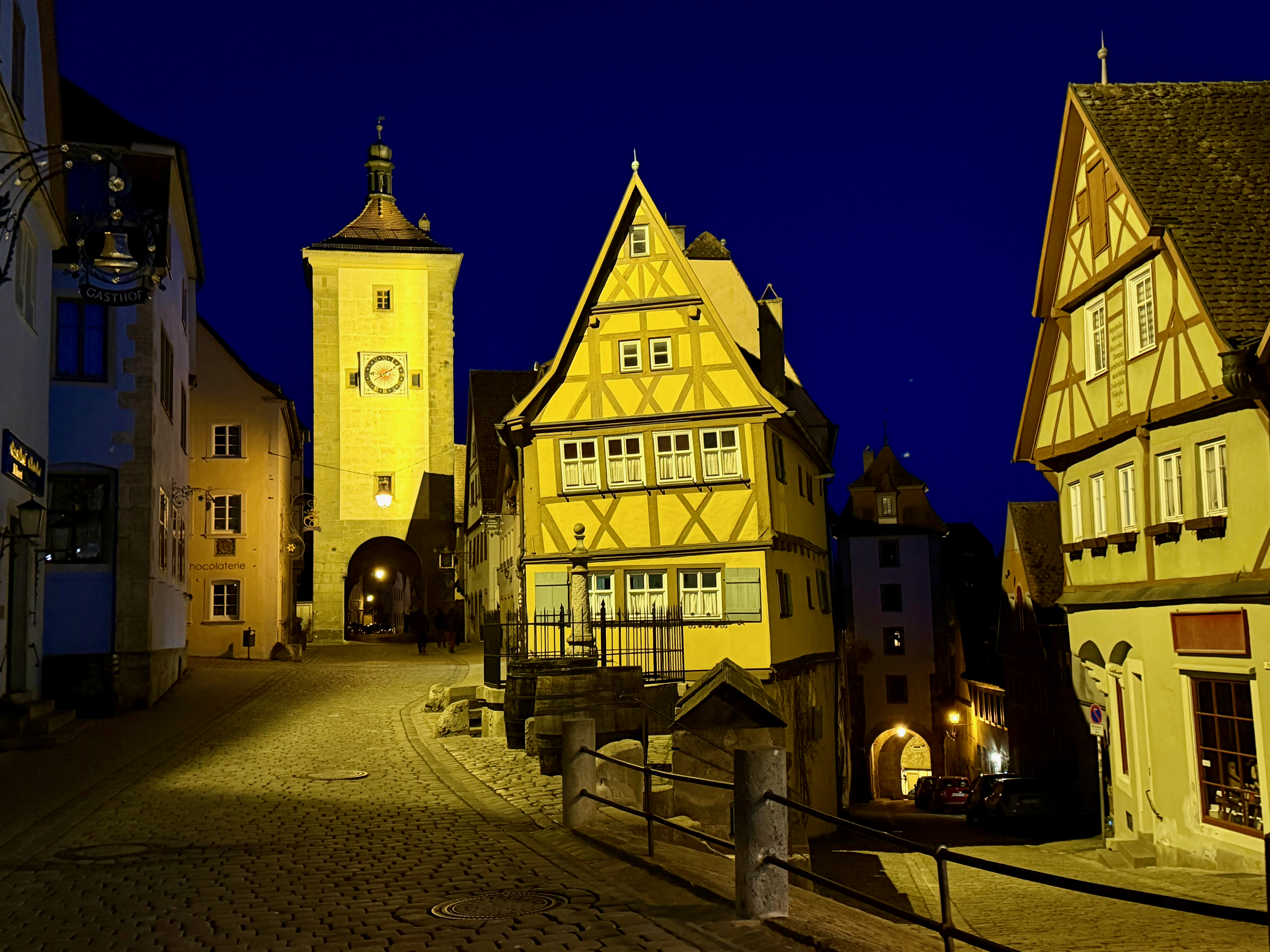 One of Rothenburg’s iconic views illuminated at night